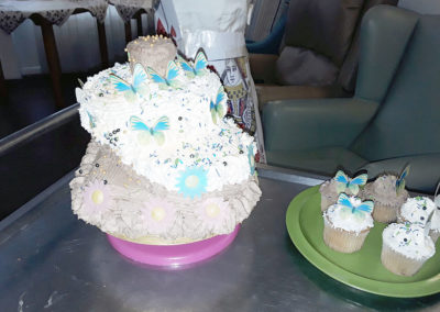 A large iced cake and cupcakes with butterfly toppers