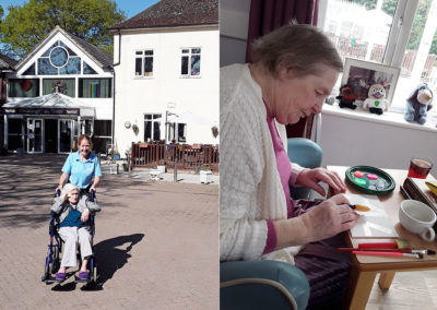 Lady resident painting and a resident and staff member outside having a walk at Abbotsleigh Care Home