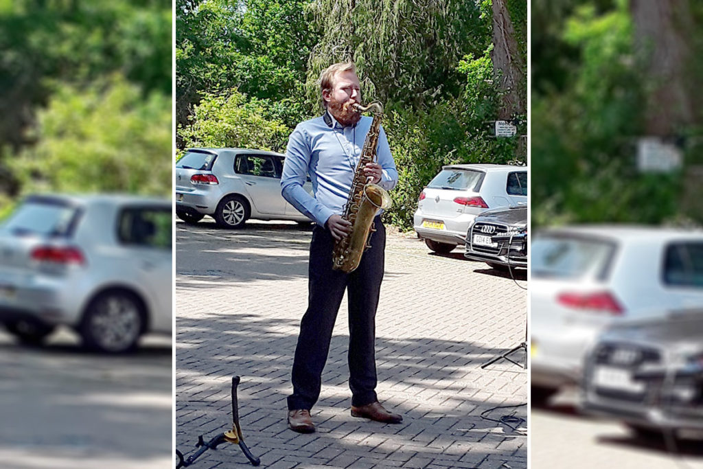 Saxophonist Michael Lack performing outside Abbotsleigh