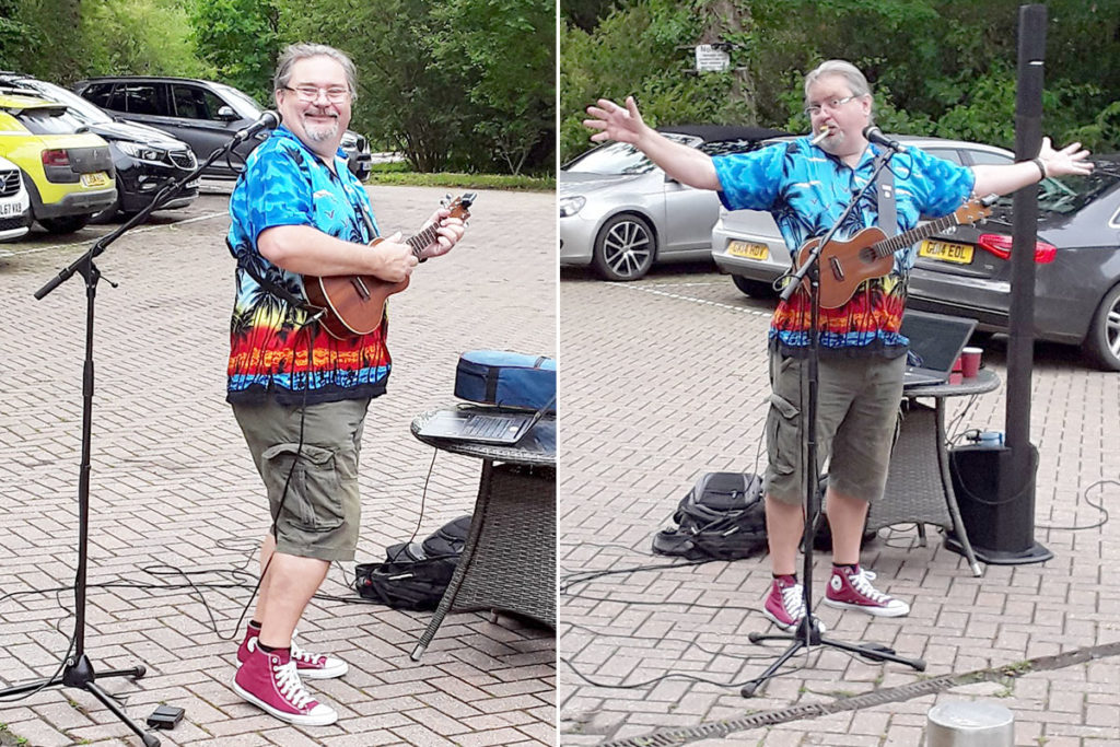 Musician Rob T performing outside Abbotsleigh Care Home