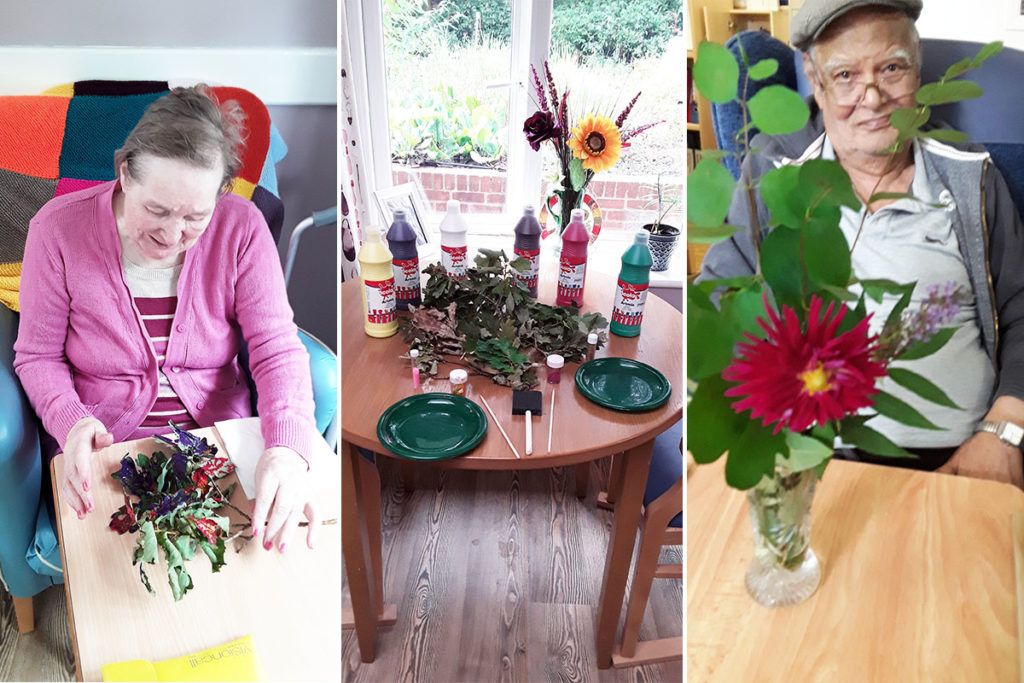Residents leaf painting and flower arranging at Abbotsleigh Care Home