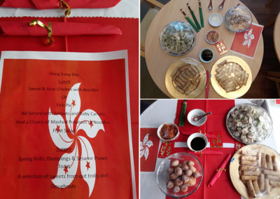 Abbotsleigh Care Home themed lunch menu and tables set with Chinese food