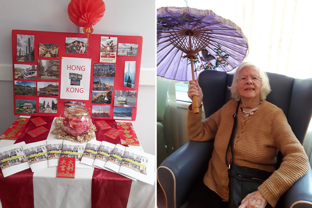 Abbotsleigh Care Home Hong Kong display and resident with parasol