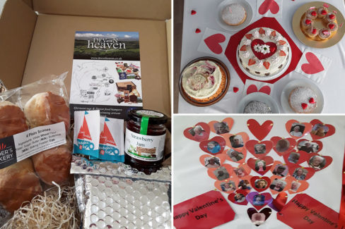Cream tea hamper, table of cakes and a Valentine photo display at Abbotsleigh Care Home