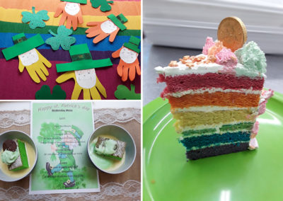 St Patrick's Day decorations, menu and cake at Abbotsleigh Care Home
