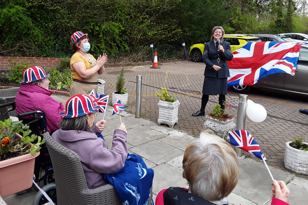 Singer Jasmin entertaining residents and staff at Abbotsleigh Care Home for VE Day