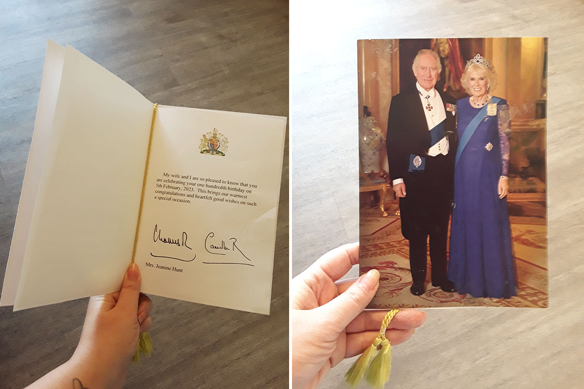 Jeanine's card from the King at Abbotsleigh Care Home