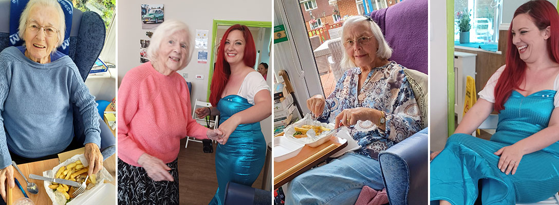 Abbotsleigh Care Home residents enjoying fish and chips with a mermaid