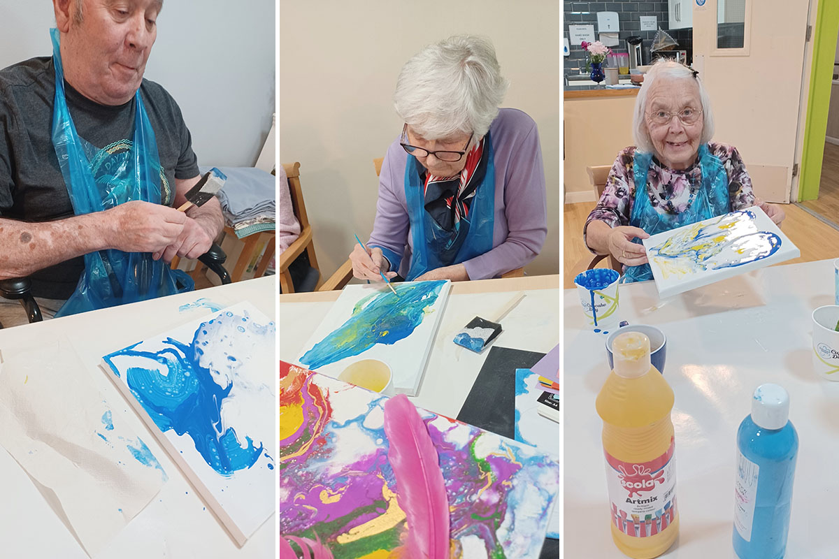 Paint pouring activity at Abbotsleigh Care Home